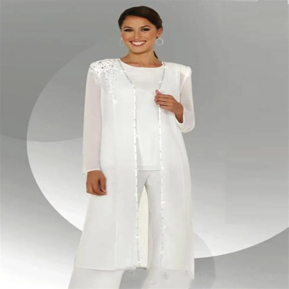 White Chiffon Long Sleeves Mother of the Bride Pant Suits With Long Blouse Sequins Beaded Three Pieces Mother of Groom Pant Suit B302s