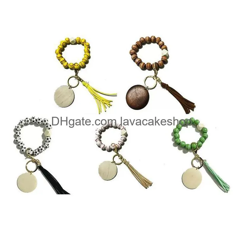 Party Favor Sports Ball Beaded Bracelet Keychain Tassel Keychains Pendant Creative Football Basketball Baseball Wooden Bead Bracelets Dhkpz