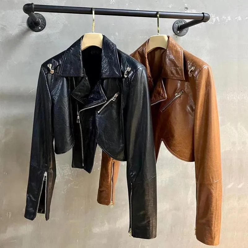 YOLOAgain – veste de motard en cuir véritable pour femme, courte, Vintage, automne 2023