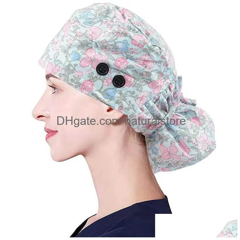 Beanie / Skull Caps Imprimir ajustável longo boné de trabalho com botão rabo de cavalo titular esfrega chapéus elástico enfermeira chapéu para mulheres drop deliv dh0ks