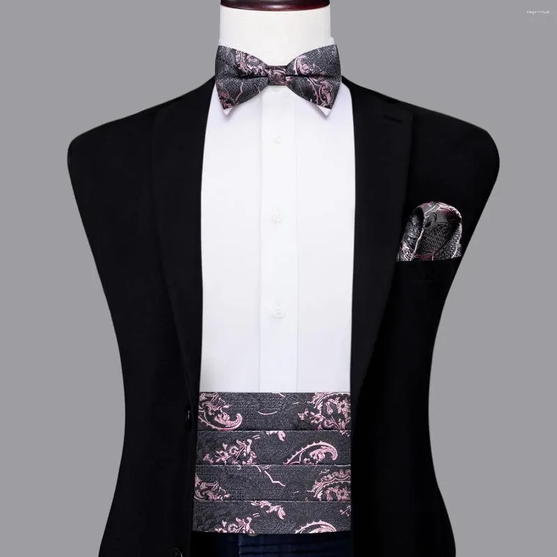 Belts Hi-Tie Silk Gray Pink Mens Cummerbunds Vintage Jacquard Bowtie Hanky Cufflinks Cummerbund Belt Corset For Male Wedding Events