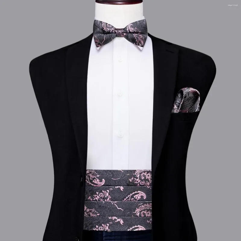 Cintos Hi-Tie Silk Cinza Rosa Mens Cummerbunds Vintage Jacquard Bowtie Hanky Abotoaduras Cummerbund Belt Corset para eventos de casamento masculino