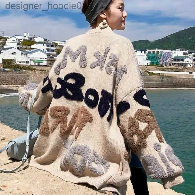 Women's Sweaters Autumn Warm Sweater Fashion Letter Printed Thick Cardigan Female Casual Loose Open Stitch Sweaters Woman Y200910 L230915