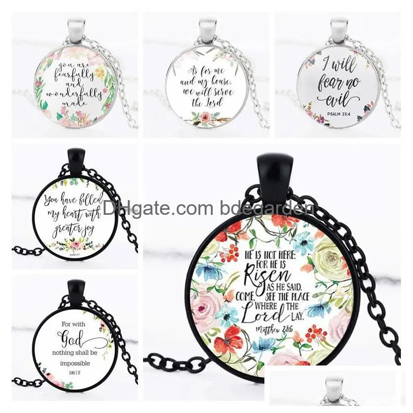 Collares colgantes Nuevas Escrituras Flor para mujeres Hombres Relin Biblia Carta Cabujones de cristal Cadenas Moda Chicas Joyería Regalo Drop Delive Dhmjn