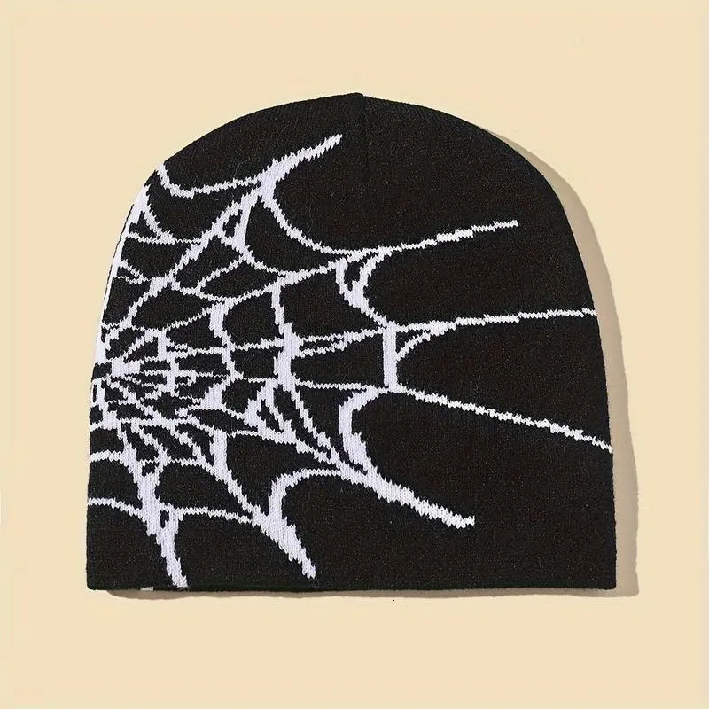 Beanie/Skull Caps 2023 New Goth Spider Web Jacquard Beanie Caps Y2K Sticked Warm Hip Hop Unisex Elastic Knit Hat Skull Cap for Women Men 230914