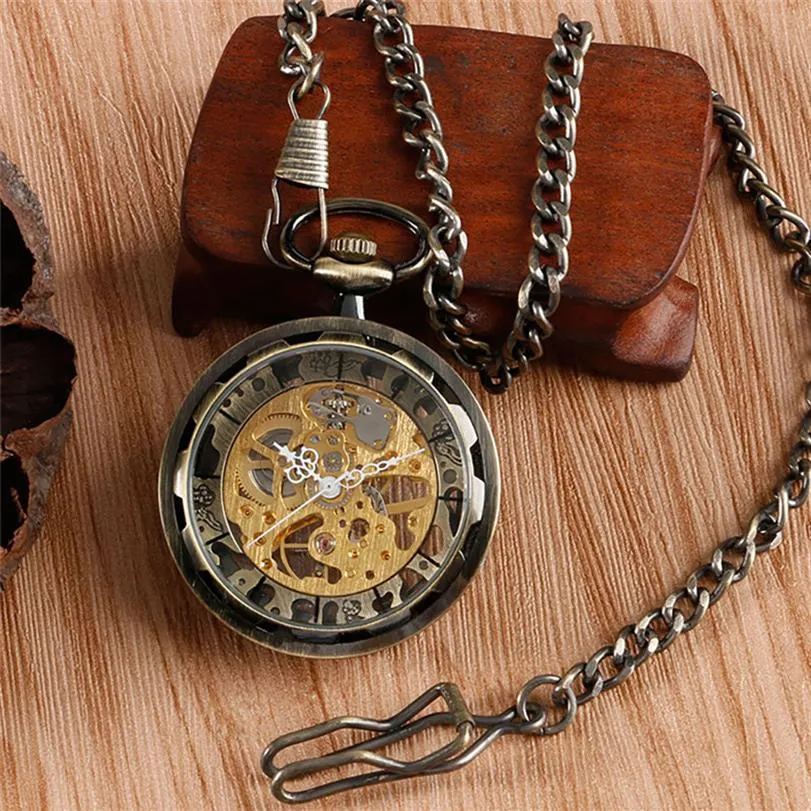 Classical Bronze Black Mechanical Hand-winding Pocket Watch Men Women Pendant Antique Clock with FOB Chain Gift montre de poche2524