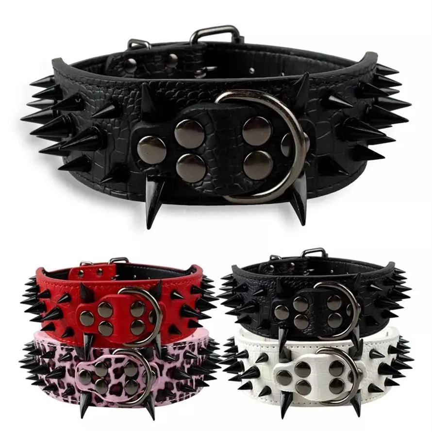 2 Bred Sharp Spiked Studded Leather Dog Collars Pitbull Bulldog Big Dog Collar Justerbar för medelstora stora hundar Boxer S M L 256X