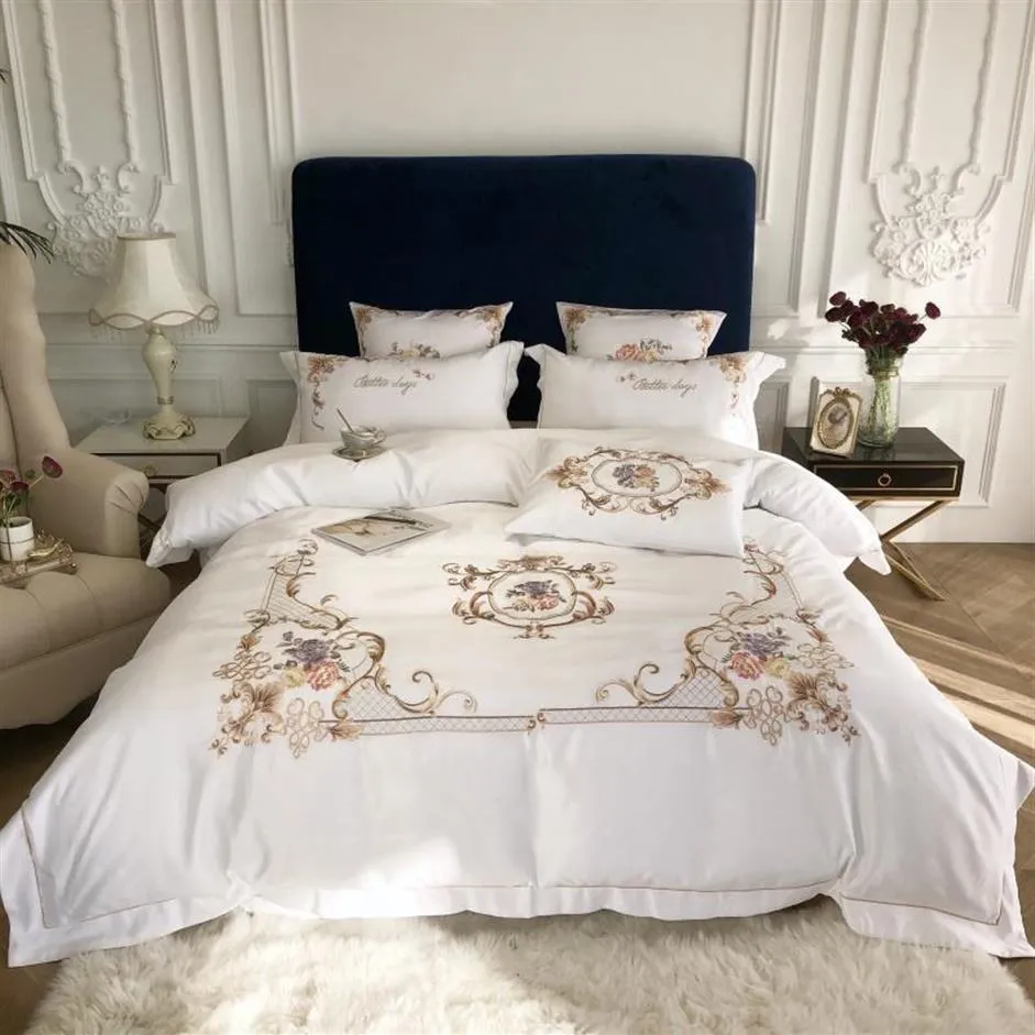 King Queen Size Comforter Cover Flat Fanted Bed Sheet Set White Chic Embroidery 4st Silk Cotton Wedding Bedding Set Luxury Home 239p