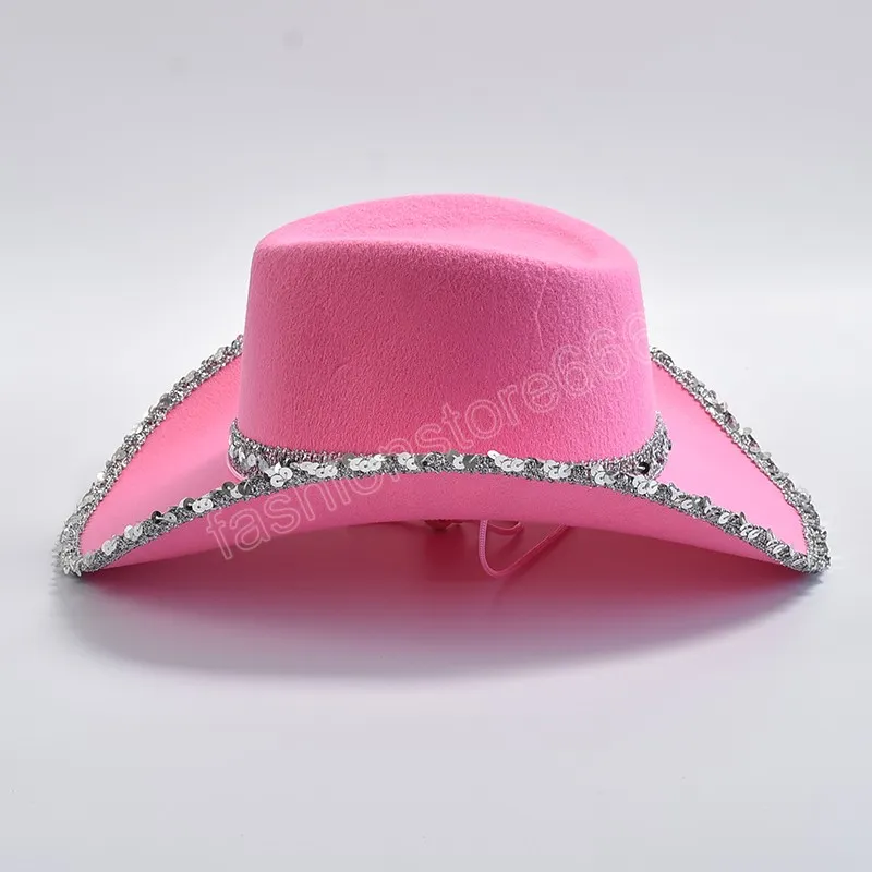 Новая розовая ковбойская шляпа с широкими полями для женщин, кепка в стиле вестерн с блестками, вечернее платье в стиле пастушки для девочек, джазовые шляпы