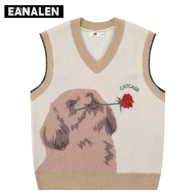 Men's Vests Harajuku Vintage Cute Dog Rose Sweater Vest Men's Pullover Y2K Oversized Jumper Knitted Vest Women's Grandpa Ugly Sweater 230915