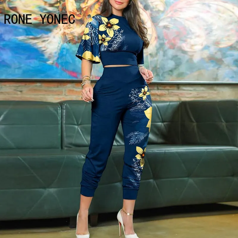 Survêtements pour femmes 2023 Femmes Chic Motif floral Demi-manches à volants Crop Top Crayon Pantalon Ensemble Taille élastique Ensembles 230915