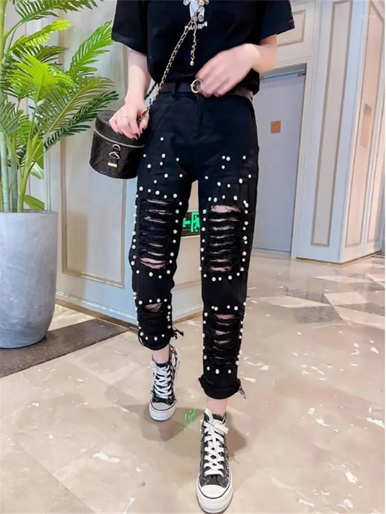 Pantalons Femmes Summer Femmes Mode Perlée Trous Jeans Lâches Dames Taille Haute Personnalité Mince Denim Harem Femelle Noir Ripped Jean