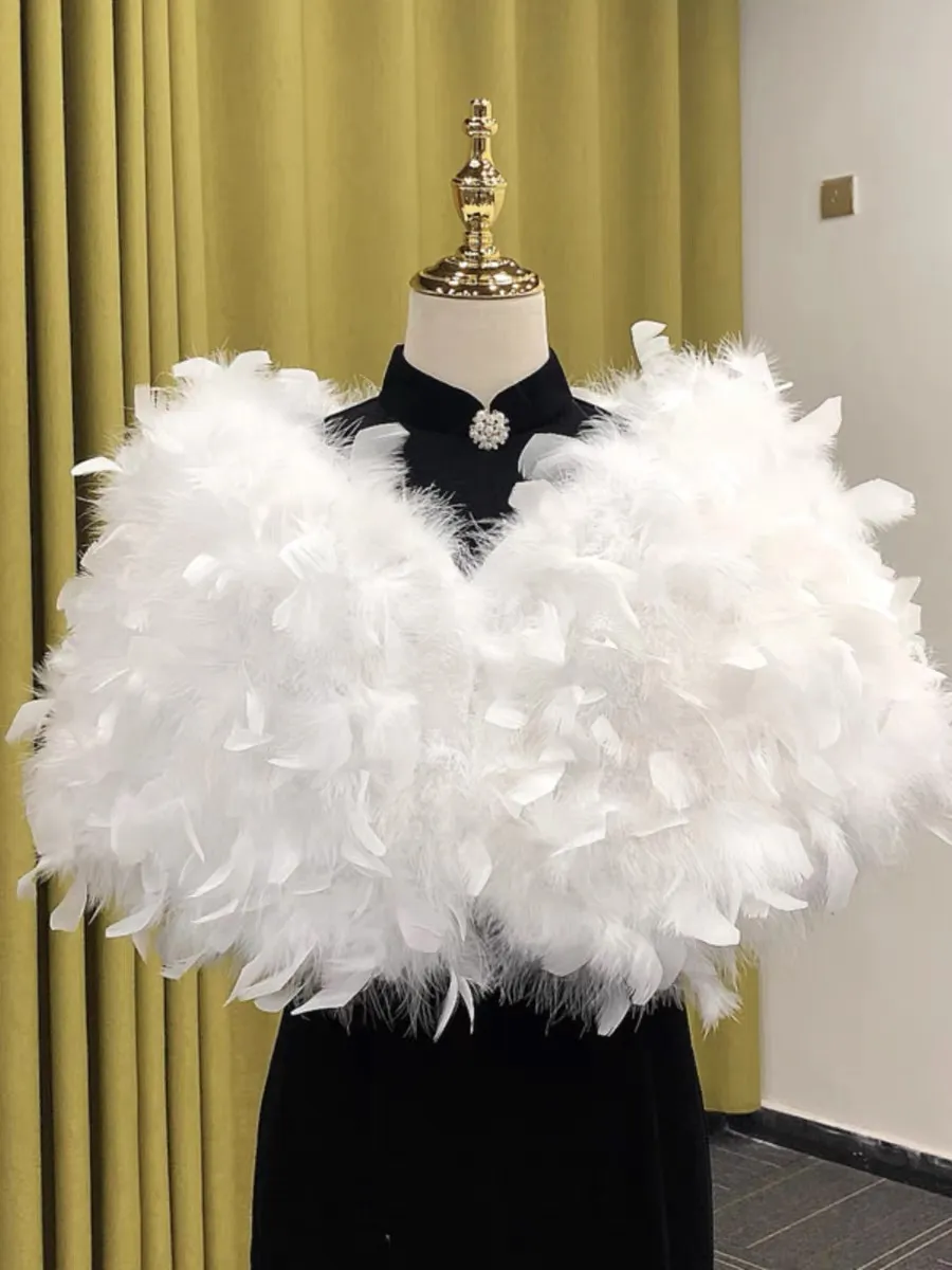 Elegant White Feathers Women Wraps Wedding Shawl Bride Shrug Winter Formal Party Special Occasion Dress Warm Fur Bolero Black Pink Brown Red