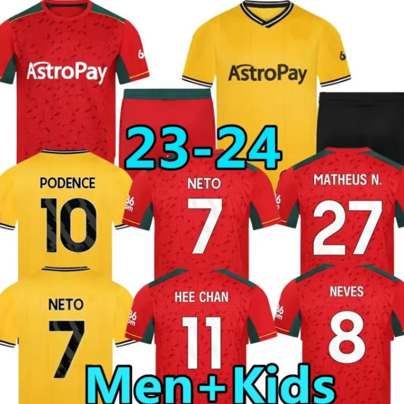 23 24 Wolves Soccer Jerseys Sarabia Raul Matheus Neto Neves Traore 2023 2024 Wanderers PODENCE Lemina Hee Chan Wolverhampton Football Shirts Hommes Kit Enfants Uniformes