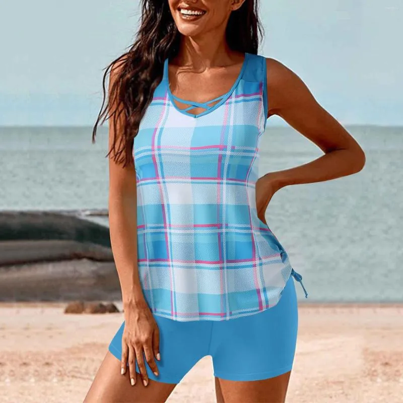 Costumi da bagno da donna Criss Cross Piante tropicali Stampa Set tankini per donna Costumi da bagno a due pezzi Costumi da bagno con lacci laterali in rete patchwork