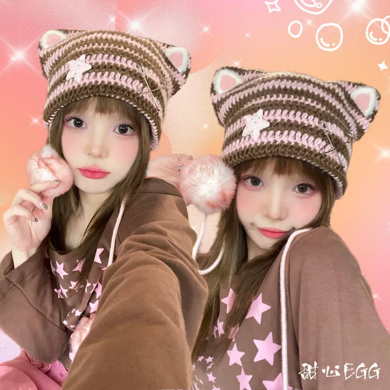 Beanie/Skull Caps Cute Y2k Cat Ear Hat Sweetheart Original Pure Handmade Striped Kitten Beanies Hat SubcultureSkullies Hats for Women 230915