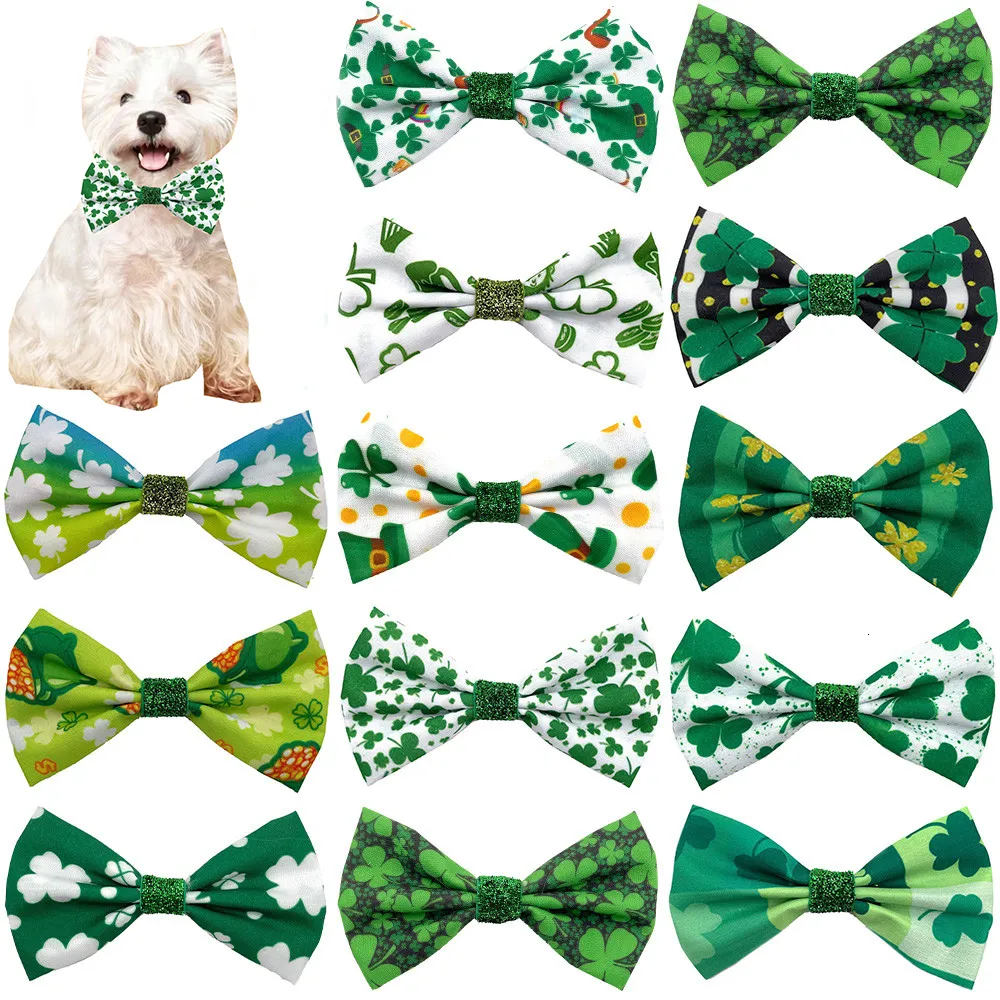 Cão vestuário pano laços gravata deslizante st patricks dia colar trevo padrão acessórios verde animal de estimação 230915