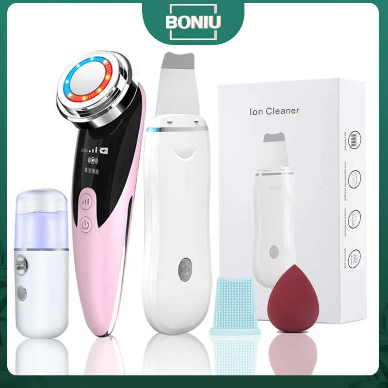 Face Care Devices Ultrasonic Skin Scrubber Kit Vibration Spatula Blackhead Remover Ems Led Facial Massager Cavitation Peeling Lifting 230915