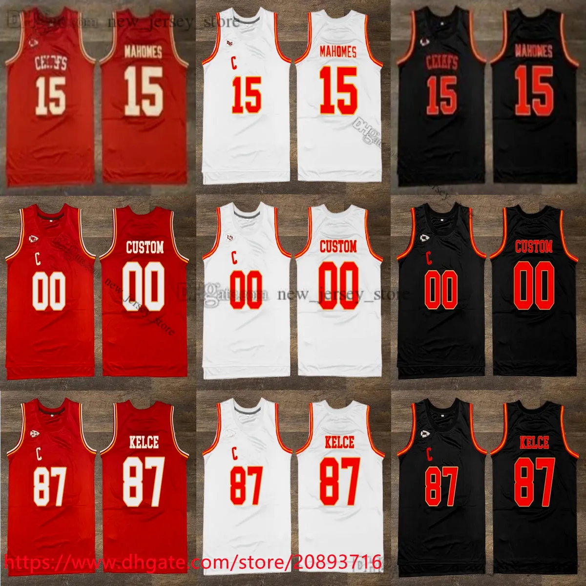 Personalizzato S-6XL Basket 15 Patrick Mahomes Jersey cucita Rosso Bianco Nero 10 Isiah Pacheco 87 Travis Kelce Maglie Camicie Uomo Donna Gioventù Bambini Ragazzi