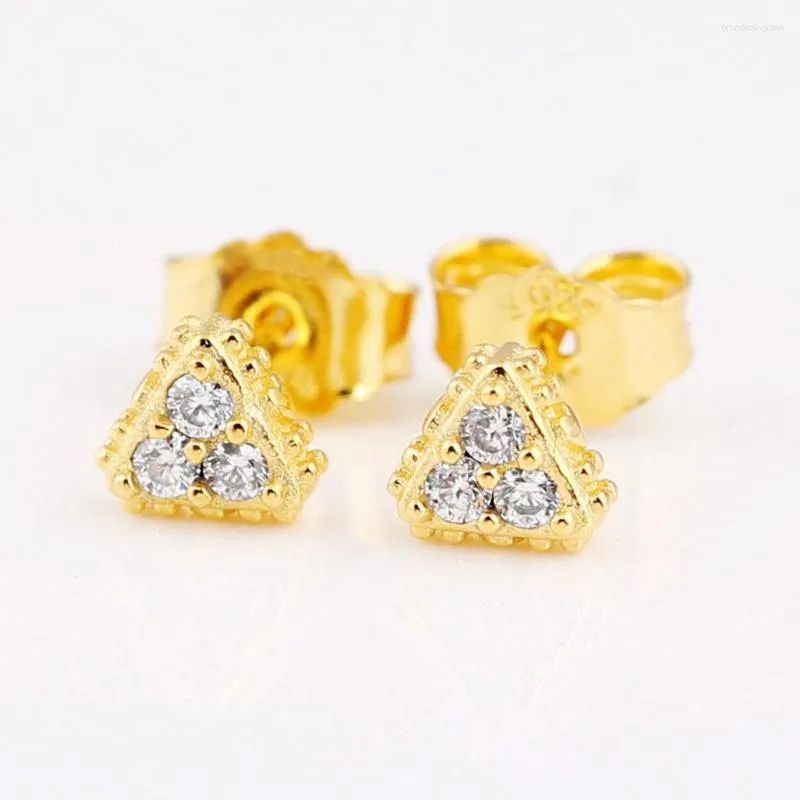 Stud Earrings Gold Colour Triangle Earring For Women Authentic S925 Sterling Silver Jewelry Lady Girl Birthday Gift Clear CZ