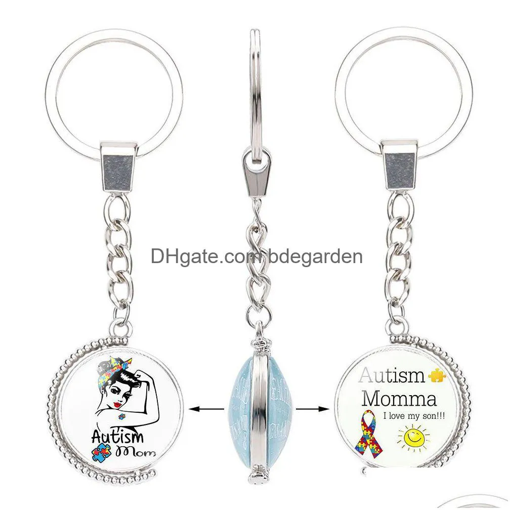 Keychains Lanyards Fashion Kids Autism Awareness Double Sided For Children Boys Girls Glass Cabochon Key Chains Inspirational Jewelry Dhuim