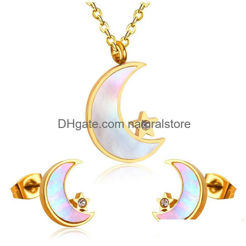 Earrings Necklace Moon Pendant Chain Earring Dubai Bridal Jewelry Sets For Women Stainless Steel Set Drop Delivery Dhch3