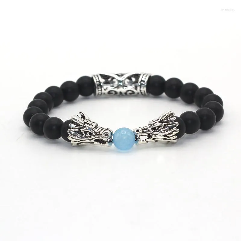 Pulsera de cuentas de piedra negra mate Natural para mujer, pulseras con cabeza de dragón doble de plata y oro, joyería para hombre de alta calidad