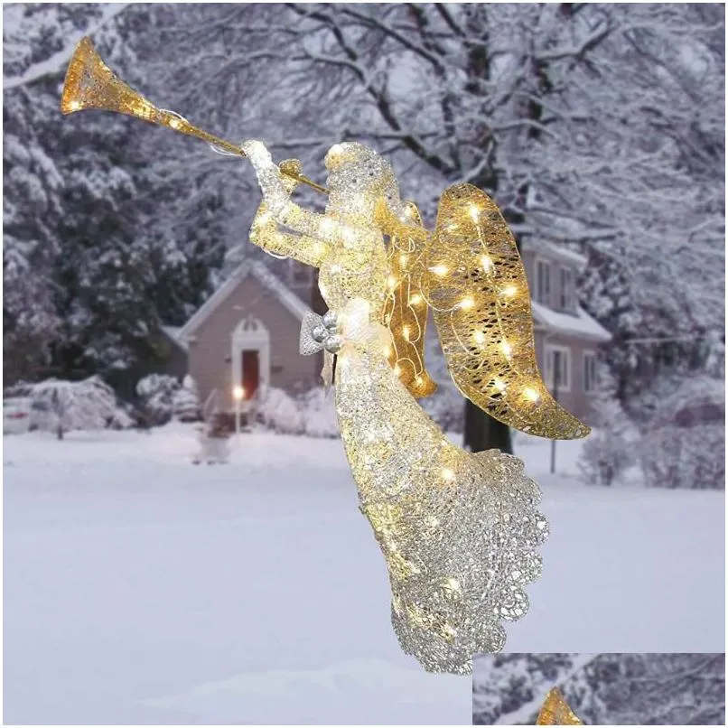 Gartendekorationen Gold Silber Beleuchteter Engel mit Trompete Outdoor Weihnachtshofdekoration Skulptur Kunst Urlaub Winter Display Drop Deli Dhg9Y