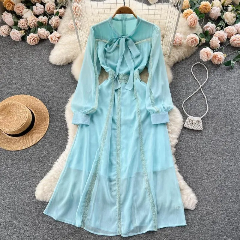 Casual Dresses Autumn Long Dress for Women spets lapptäcke Lace-up Bow Lantern Sleeve Female Maxi Ladies A-Line Vestidos Drop