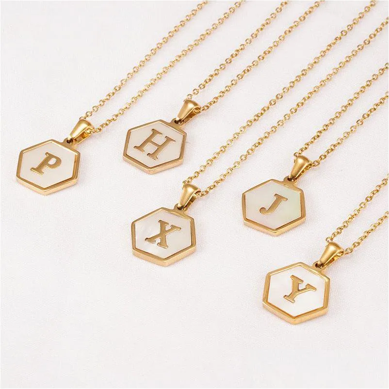 Pendant Necklaces White Real Shell 26 Initial Capital Letters A To Z Alphabet Quality Hexagon Shape Stainless Steel Square Charm Neckl Dh4D2