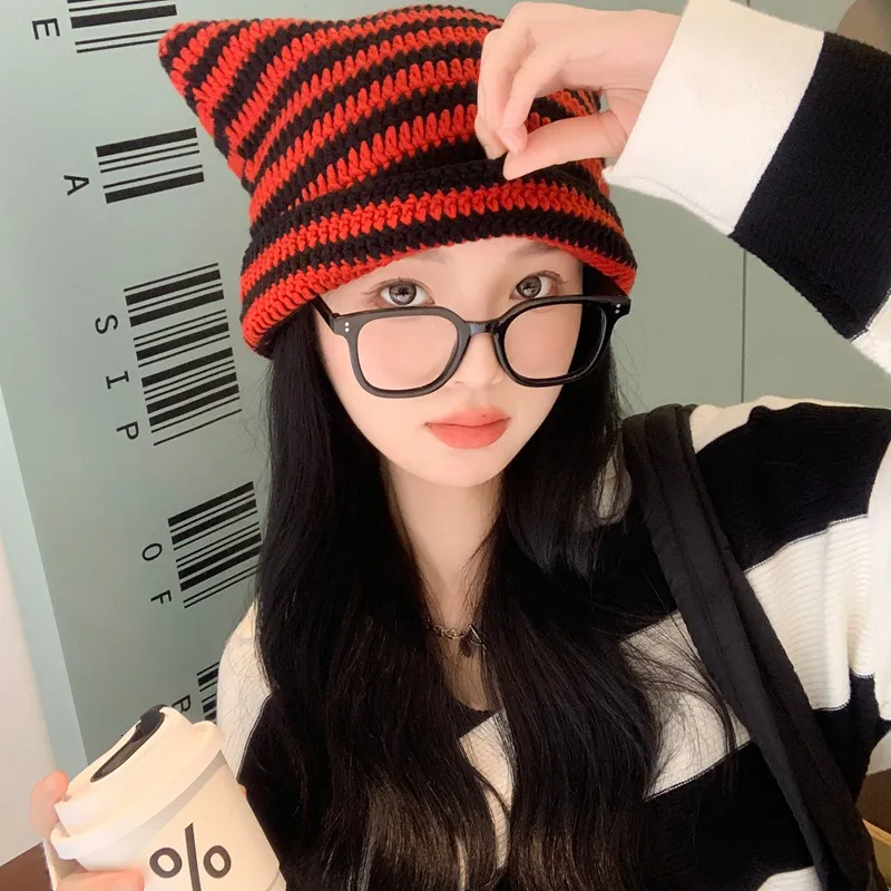 Générique Women Y2K Cat Ear Beanie Hat Slouchy Crochet Boho