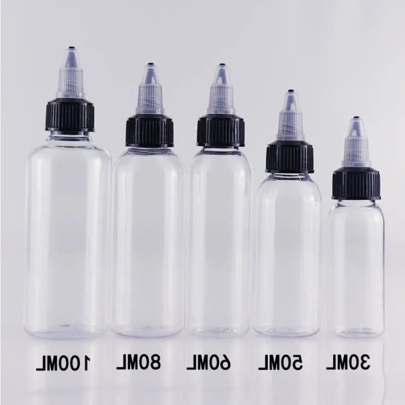 Bouteilles compte-gouttes en plastique E Cig avec bouchons torsadés 30 ml 50 ml 60 ml 100 ml 120 ml Bouteille de licorne en forme de stylo Bouteilles vides pour animaux de compagnie pour E-Liquide Simkm