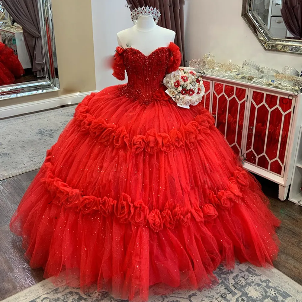 Abiti stile Quinceanera con fiori fatti a mano rossi rustici Abito da ballo con paillettes in rilievo Abiti da 15 Abiti da festa di compleanno Abiti da ballo junior principessa 326 326