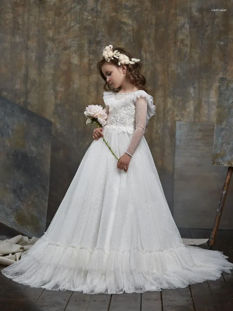 Girl Dresses Flower White Tulle Pattern With Banded Point Long Sleeve For Wedding Birthday Banquet First Communion Gowns