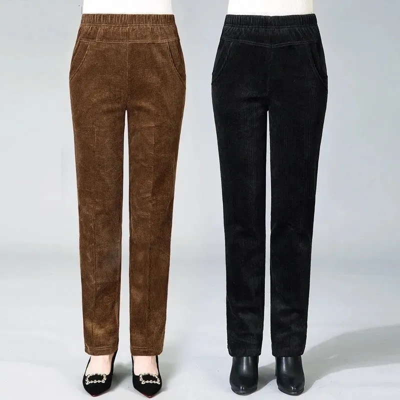 Calças femininas primavera outono elástico cintura alta calças retas clássico preto pantalones de mujer mãe casual marrom veludo 230914