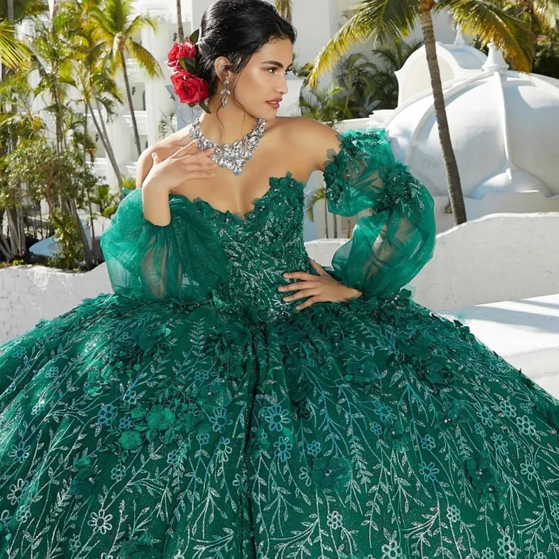 Emerald Green Shiny Princess Quinceanera Dresses Princess 3DFlowers Ball Gown Birthday Gown Applique Tulle Sweet 16 Dresses vestidos de 15