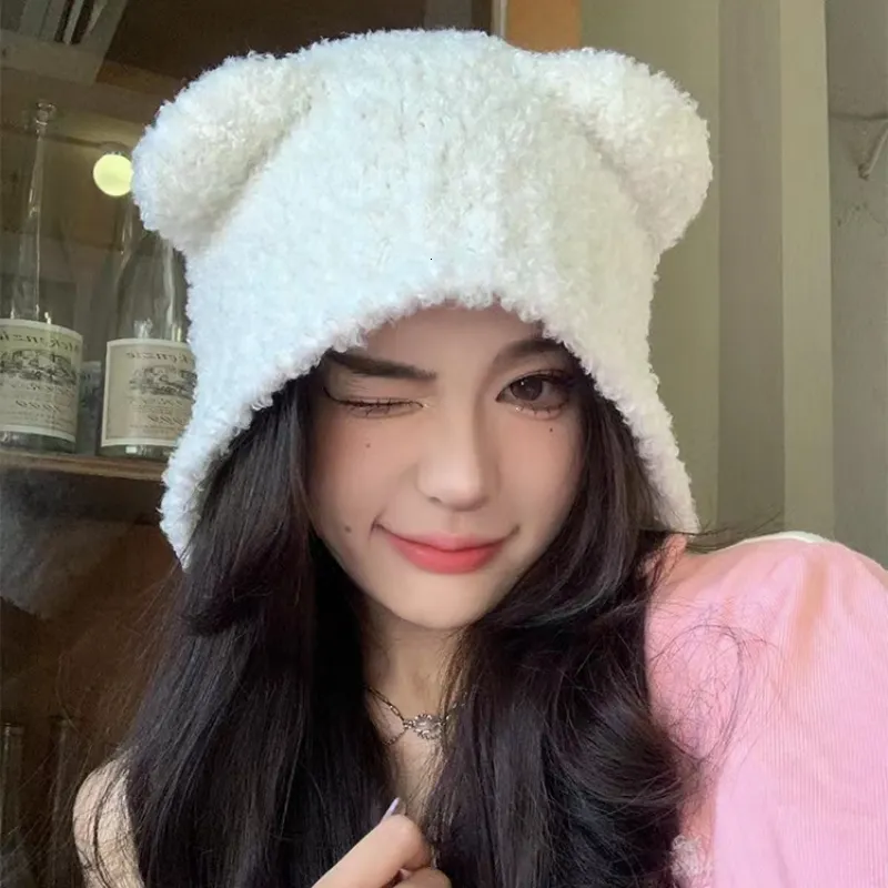 Beanie/Skull Caps Ears Autumn Winter Beanies Cute Safety Bear Hat for Women Warm Thickened Lamb Fleece Travel Hat Pullover Outdoor Ladies Cap 230915