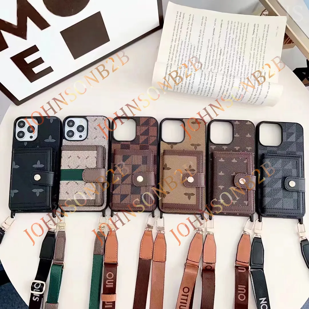 Magnifique étui de téléphone iPhone 15 14 Pro Max bandoulière en cuir L porte-cartes de haute qualité 18 17 16 15pro 14pro 13pro 12pro 13 12 étui avec emballage de boîte de logo