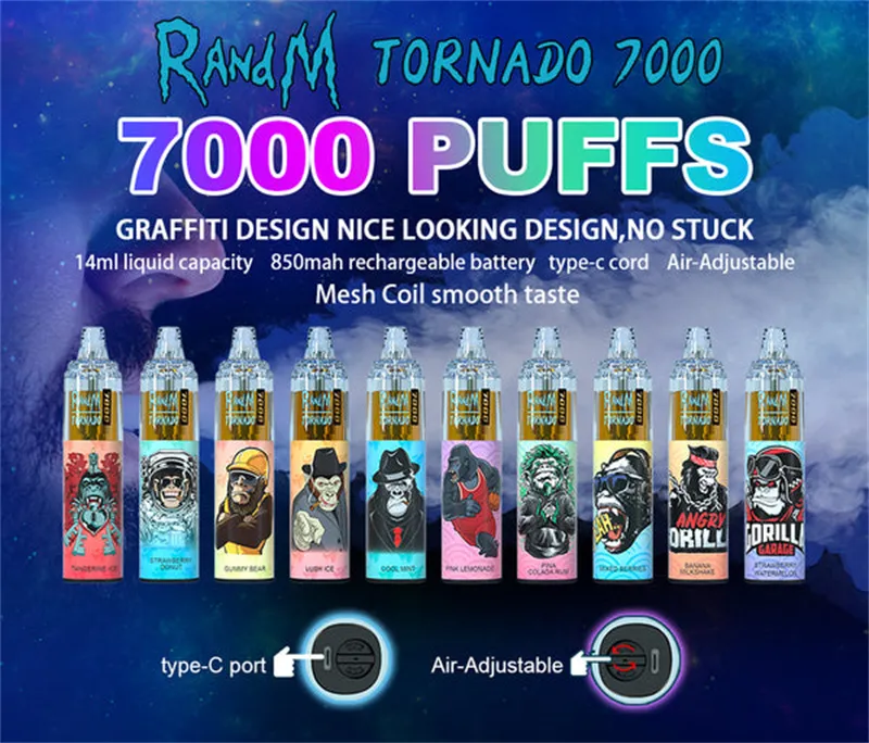 Authentic 7000 puff Randm Tornado 7k disposable e cigarette 14ml Prefilled Cystal vape desechable 1000mah Battery Rechargeable Airflow adjustable 9000 9k 12000