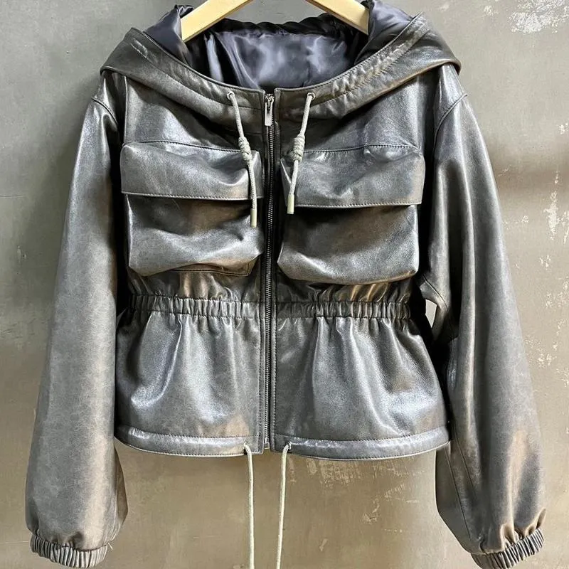 Kvinnors läder Yoloagain 2023 Autumn Overdimased Hooded Vintage Gray Jacket Women äkta damer