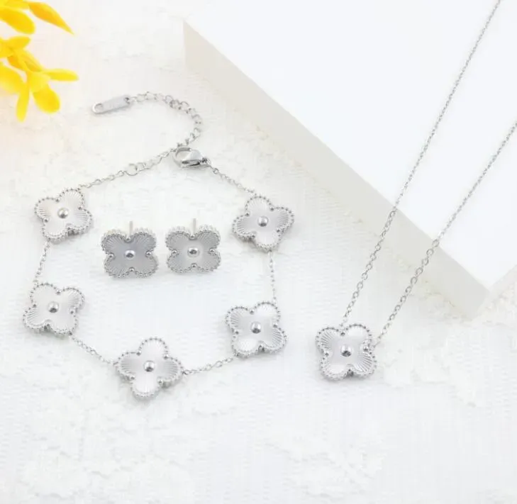 4 vier blad klaver luxe ontwerper tweezijdige sieraden sets diamant shell mode dames bracelet oorbellen ketting valentijnsdag verjaardag kerstcadeau