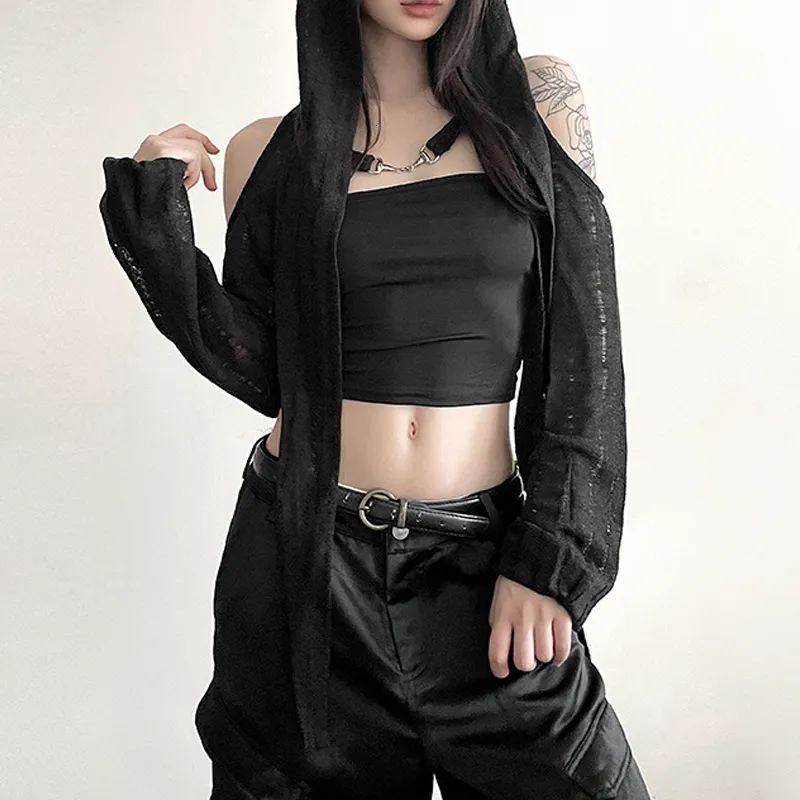 Sudaderas con capucha para mujer Sudaderas Goth Dark Open Hombro Techwear Y2k Crop Cardigans Mall Gothic con capucha Sexy Mujeres Crop Tops Punk Grunge Hebilla Streetwear Camisas 230914