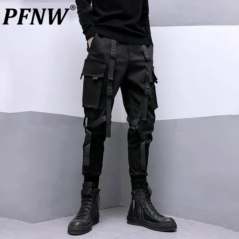 Herrenhosen PFNW Darkwear Safari Style Webbing Spliced Cargo Pants Men High Street Streetwear Elastic Waist Slim Tactical Techwear 12A1634 230915