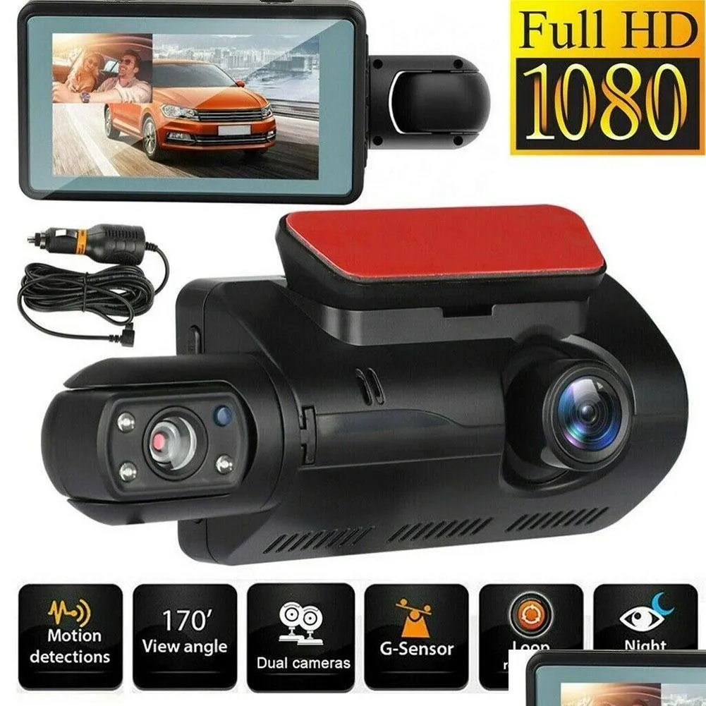 DVR de voiture DVR de voiture 3 pouces DVR enregistreur de conduite avant et arrière caméra à double objectif grand angle de stationnement inversant la vision nocturne Dashcam Drop de Dhccj