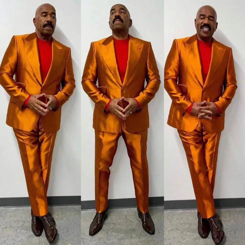 Men's Suits Complete Elegant Man Orange Satin African Suit For Men Two Button Slim Fit 2Piece Modern Tuxedo Custom Party Dresses