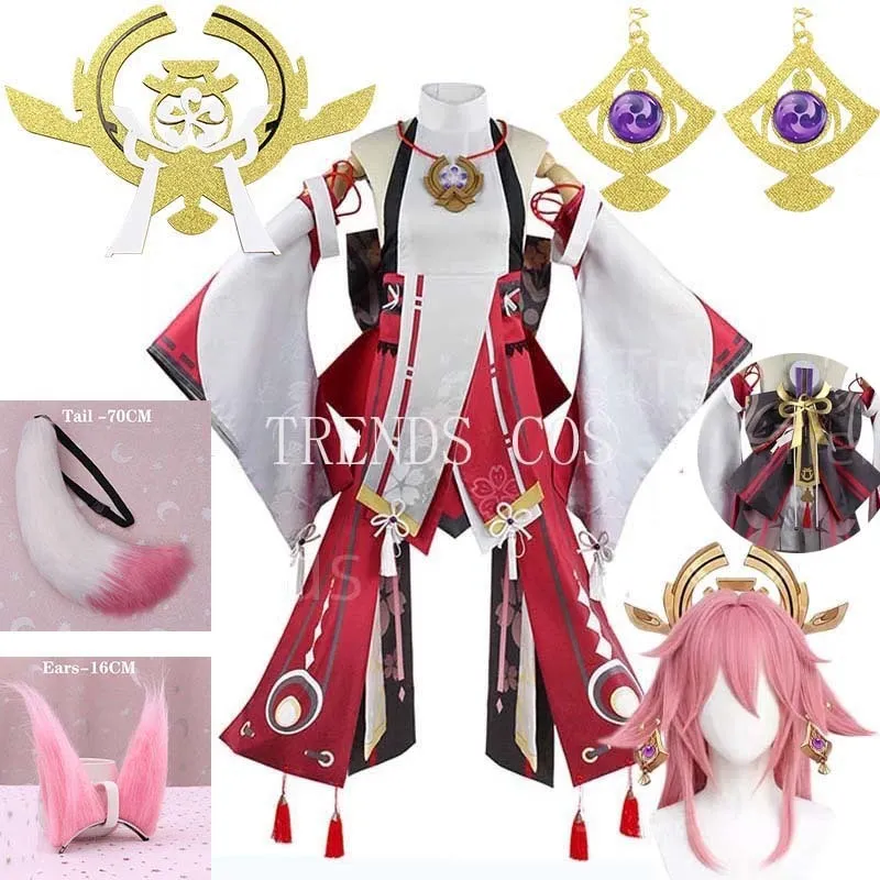 Costume à thème Genshin Impact Yae Miko Cosplay Guuji, tenues fantaisie, ensemble complet, robe, perruque, couvre-chef, oreilles, queue, Costume de jeu 230915