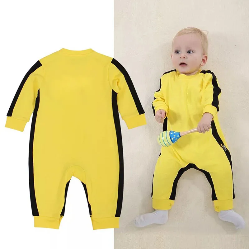 Rompers bron Boys Girl Bebes Rompers Kung Fu Yellow Bruce Lee Rompers Baby Clothing SpringAutumnwinter Baby Boy Rompers Jumpsuit 230915