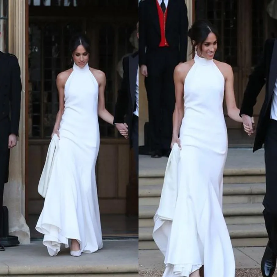 2019 Elegant White Mermaid Wedding Dresses Prince Harry Meghan Markle Wedding party Gowns Halter Soft Satin Wedding Recept Dress307l