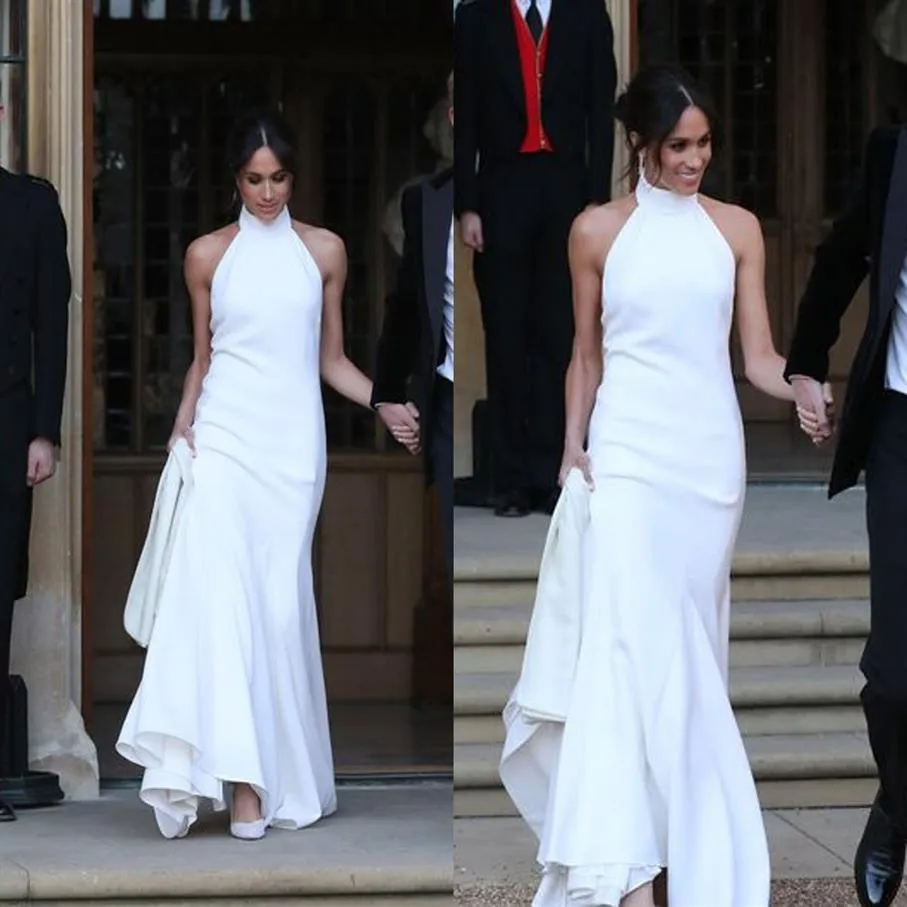 2019 Abiti da sposa eleganti a sirena bianca Principe Harry Meghan Markle Abiti da festa di nozze Halter Abito da sposa in raso morbido307l