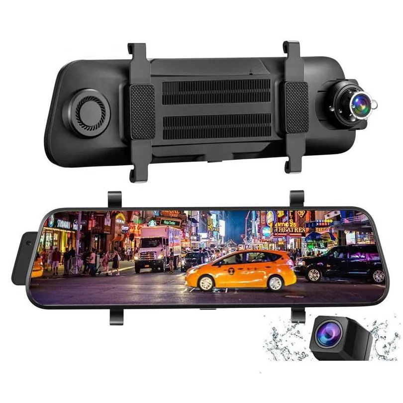 DVR de voiture DVR de voiture 2,5K DVR 10 pouces Touch Sn Miroir Caméscope Double caméras avec vue arrière DV Sauvegarde étanche 32 Go Micro SD Card Drop D Dhtdp